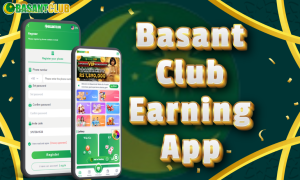 A promotional image for the Basant Club Earning App. The image showcases two smartphone screens displaying the app interface. On the left, the registration page is shown, allowing users to register with their phone number, password, and invite code. On the right, the app's main screen highlights games and features, including a VIP membership offer with potential earnings. The background features green and gold accents with confetti and bold text reading "Basant Club Earning App."