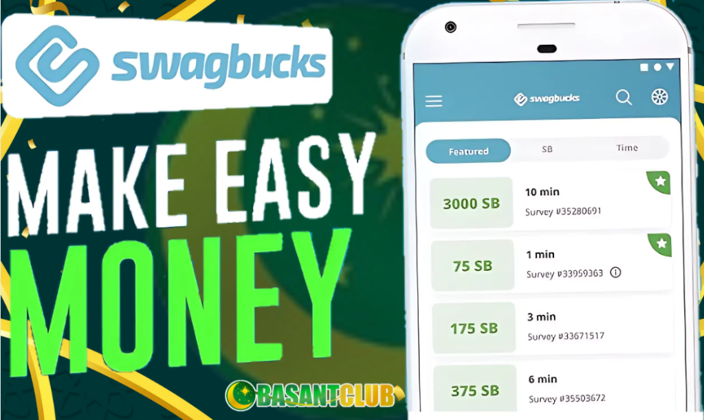 A promotional image comparing Swagbucks and Basant Club as platforms for earning money. The Swagbucks logo appears prominently with the tagline "Make Easy Money" in bold text. A smartphone screen displays the Swagbucks app interface, showing examples of tasks like surveys with their respective reward points (e.g., 3000 SB for 10 minutes). The Basant Club logo is featured at the bottom, hinting at the alternative earning platform.