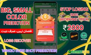 A promotional image for Basant Club Big Small Prediction game. The image features a smartphone showing the app interface with a reward pop-up of ₹3920.00. Text highlights include "Big, Small Color Prediction," "Stop Losing," and "100% Working Trick." Payment options like Easypaisa, JazzCash, and Tether (USDT) are displayed. The phrase "نقصان نہیں، صرف جیت" ("No Loss, Only Win") emphasizes guaranteed wins, along with "Loss Recover" and "Wingo Sure Shot Prediction."