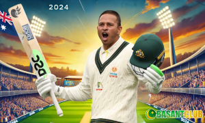 Usman Khawaja celebrating on the cricket field, holding a bat and helmet, with a vibrant stadium and Australian flag in the background, symbolizing his impact on Australia's cricket success.