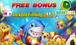 A vibrant promotional image featuring a grinning blue shark holding a cannon amidst a treasure-filled underwater scene. Surrounded by colorful fish and gold coins, the text reads "FREE BONUS Jackpot Fishing JILI" alongside the Basant Club logo, featuring a green crescent moon and star.