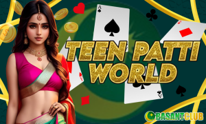 A vibrant promotional image for "Teen Patti World" featuring a woman in traditional attire standing confidently, with a background of playing cards, gold coins, and a green abstract pattern. The text "Teen Patti World" is bold and glittery, signifying excitement and luxury.