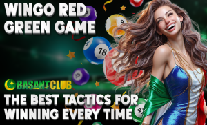 A vibrant promotional banner featuring a smiling woman dressed in a colorful outfit, with flowing hair. The background displays colorful lottery balls marked with numbers and celebratory confetti. The text reads: "Wingo Red Green Game - The Best Tactics for Winning Every Time," along with the BasantClub logo.