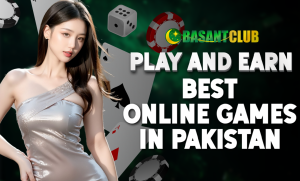 A promotional image for Basant Club featuring a stylish woman in a silver dress, casino elements such as poker chips, playing cards, and dice, along with bold text that reads "PLAY AND EARN BEST ONLINE GAMES IN PAKISTAN." The Basant Club logo is displayed at the top.