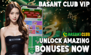 A promotional image for Basant Club VIP featuring a glamorous woman in a black dress, a vibrant green background with a phone screen displaying the Basant Club app interface, and golden money symbols. The text reads, "BASANT CLUB VIP - UNLOCK AMAZING BONUSES NOW," alongside the Basant Club logo.