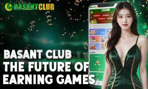 A promotional image for Basant Club, showcasing a modern app interface on a smartphone screen. The image features a woman in an elegant green dress on the right side and a celebratory background with confetti. The headline reads, "Basant Club: The Future of Earning Games," with a green and gold color scheme.