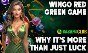 A promotional banner featuring a glamorous woman in a green dress with golden accents, surrounded by colorful lottery balls, confetti, and festive decor. The text reads "Wingo Red Green Game: Why It's More Than Just Luck," alongside the Basant Club logo.