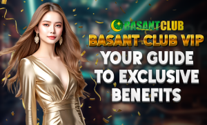 A promotional image for Basant Club VIP membership. It features a glamorous woman in a gold dress with flowing hair, standing against a luxurious background with golden confetti. The bold text reads "Basant Club VIP - Your Guide to Exclusive Benefits," alongside the Basant Club logo.