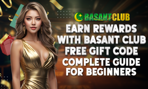 A promotional graphic for Basant Club featuring a stylish woman in a gold dress standing confidently. The background has a blurred luxurious setting with floating gift boxes and golden confetti. Bold white text reads: "Earn Rewards with Basant Club - Free Gift Code - Complete Guide for Beginners." The Basant Club logo is displayed at the top.