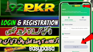 Screenshot of the 92PKR login and registration page, featuring a mobile login interface where users can enter their phone number and password. The image also includes bold text in Urdu explaining the login process and password recovery options. Logos for JazzCash and Easypaisa payment methods are visible.