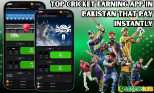 A promotional image showcasing the top cricket earning app in Pakistan that pays instantly. The image features two smartphones displaying a cricket betting app interface with betting options in Pakistani Rupees. On the right side, several cricket players in action poses are depicted against a green background. The "Basant Club" logo is visible at the bottom right corner.