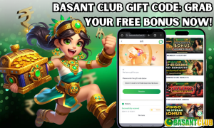 A colorful promotional image featuring a cartoon-style female character dressed in gold and green, holding a treasure chest filled with gold coins. Next to her, two mobile phone screens display the Basant Club website, showing a gift code redemption page and various promotional offers. The bold text at the top reads: "BASANT CLUB GIFT CODE: GRAB YOUR FREE BONUS NOW!