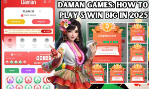 A promotional image for "Daman Games: How to Play & Win Big in 2025" featuring a digital casino -style interface, a female character in festive attire holding playing cards, and multiple "Congratulations" screens displaying winning amounts.