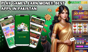 A promotional digital graphic featuring the Basant Club gaming app. Three smartphones display the app’s interface, showing various games and promotions. On the right, a woman dressed in traditional South Asian attire holds two playing cards, standing beside a slot machine with gold coins and a black cat in the background. The text at the top reads: "PLAY GAMES, EARN MONEY: BEST APPS IN PAKISTAN."