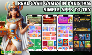 A promotional image featuring an Egyptian-themed character holding a treasure chest, with four smartphones displaying different real cash gaming apps in Pakistan, including Basant Club, Pak Games, and Daman Games. The title "REAL CASH GAMES IN PAKISTAN: SIMPLE APPS TO TRY" is displayed at the top.
