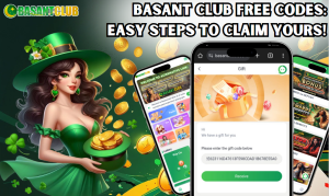 A vibrant promotional image for Basant Club Free Codes featuring a woman dressed in a green outfit with a matching hat, holding a bowl filled with gold coins. She is surrounded by floating coins and clovers. Three smartphones display the Basant Club app interface, with one phone highlighting a gift code redemption screen. The bold text at the top reads, "BASANT CLUB FREE CODES: EASY STEPS TO CLAIM YOURS!" with the Basant Club logo in the top left corner.