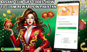 A promotional image for Basant Club Gift Codes featuring a stylish woman in a red outfit with golden dragon embroidery, holding a red pot filled with gold coins. A smartphone screen displays a gift code redemption interface with a "Receive" button. The background includes festive red envelopes, gold coins, and a green theme with Basant Club branding.