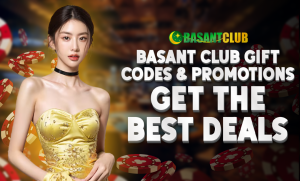A stylish woman in an elegant gold dress stands against a casino-themed background with poker chips floating in the air. The text on the image reads: "Basant Club Gift Codes & Promotions – Get the Best Deals!" with the Basant Club logo displayed at the top.