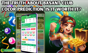 A vibrant promotional image for Basant Club Color Prediction featuring a smartphone screen displaying the game interface, lottery balls, and a cheerful animated character holding a treasure chest full of gold coins. The background is green with celebratory elements, and bold text at the top reads, "THE TRUTH ABOUT BASANT CLUB COLOR PREDICTION: IS IT WORTH IT?"
