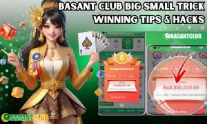 A digital illustration featuring a glamorous woman in a golden outfit holding a playing card, alongside two smartphone screens displaying the Basant Club Big Small game interface. The background is decorated with dice, poker chips, and a green casino-themed setting. The title "Best Basant Club Big Small Trick to Increase Your Winnings (2025 Guide)" is prominently displayed at the top.