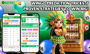 A colorful promotional image for "Wingo Prediction Tricks: 7 Proven Strategies to Win Big!" featuring two mobile phone screens displaying a Wingo betting interface from Basant Club. The background includes lottery balls and a cartoon Aztec-inspired female character holding a gold coin, standing next to a slot machine.
