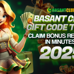 Animated woman holding cash with a green and gold background, surrounded by gift boxes. Text reads: "BASANT CLUB GIFT CODE TODAY – Claim Bonus Rewards in Minutes – 2025."