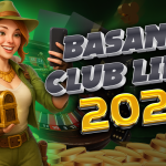 A cheerful female adventurer holding a smartphone and a treasure chest, with golden coins and casino elements in the background. Bold text reads “Basant Club Link 2025.”