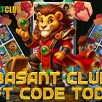 Cartoon lion mascot in royal costume holding a glowing green pendant, standing in front of smartphones displaying Basant Club games. Surrounding him are gift boxes and golden coins, with the bold text "BASANT CLUB GIFT CODE TODAY" at the bottom.