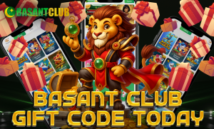 Cartoon lion mascot in royal costume holding a glowing green pendant, standing in front of smartphones displaying Basant Club games. Surrounding him are gift boxes and golden coins, with the bold text "BASANT CLUB GIFT CODE TODAY" at the bottom.