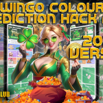 A vibrant promotional image featuring a fantasy-style female character in green holding a four-leaf clover, symbolizing luck, in front of a mobile game interface. The text reads "Wingo Colour Prediction Hack APK 2025 Version" in bold, golden letters. The Basant Club logo is shown in the bottom left corner, surrounded by flying dollar bills and virtual coins.