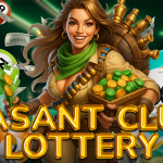 A vibrant promotional image for "Basant Club Lottery" featuring a smiling woman dressed in an adventurous outfit, holding stacks of gold and green coins. Colorful lottery balls and flying cash surround her, emphasizing a fun and lucrative theme.
