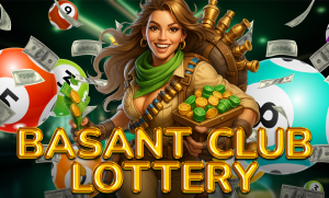 A vibrant promotional image for "Basant Club Lottery" featuring a smiling woman dressed in an adventurous outfit, holding stacks of gold and green coins. Colorful lottery balls and flying cash surround her, emphasizing a fun and lucrative theme.