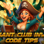 Animated pirate woman celebrating with flying gold coins, poker chips, and playing cards, alongside a treasure chest. Bold text reads "Basant Club Invite Code Tips."