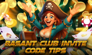 Animated pirate woman celebrating with flying gold coins, poker chips, and playing cards, alongside a treasure chest. Bold text reads "Basant Club Invite Code Tips."