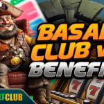 A bold promotional image featuring a smiling pirate character sitting in a plush chair beside slot machines showing triple 7s. The text reads "Basant Club VIP Benefits" in large, attention-grabbing font. The Basant Club logo appears in the bottom left corner, emphasizing exclusivity and rewards.
