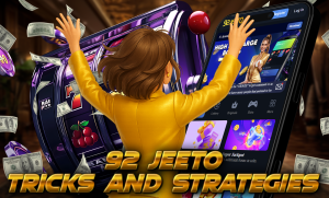 Exciting promotional image featuring a woman in a shiny yellow jacket facing a large slot machine and a giant smartphone screen showing the 92 Jeeto app. She raises her hands in excitement as dollar bills fly around, with bold golden text reading "92 Jeeto Tricks and Strategies."