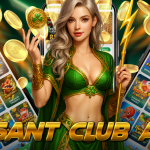 A fantasy-style woman dressed in a green and gold costume holds a glowing staff and a golden coin with a clover symbol, standing in front of multiple mobile screens displaying colorful casino-style games. Gold coins are floating around her, and bold text at the bottom reads "BASANT CLUB APP."