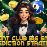 "A cheerful woman in a casino uniform surrounded by colorful lottery balls and golden coins, with the title 'Basant Club Big Small Prediction Strategy' in bold gold letters."