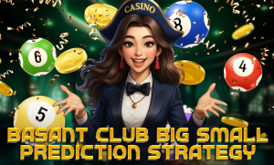 "A cheerful woman in a casino uniform surrounded by colorful lottery balls and golden coins, with the title 'Basant Club Big Small Prediction Strategy' in bold gold letters."