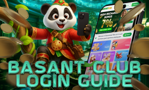 Animated panda wearing traditional costume holding a smartphone with the Basant Club app on screen, surrounded by flying coins and the text “Basant Club Login Guide.”