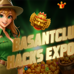 "Animated female explorer in green uniform with gold coins, treasure, and crown icons, featuring the bold text 'BasantClub Hacks Exposed'."