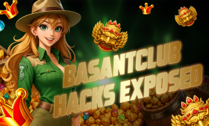 "Animated female explorer in green uniform with gold coins, treasure, and crown icons, featuring the bold text 'BasantClub Hacks Exposed'."