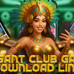 A vibrant promotional image featuring a smiling woman in gold and green tribal-inspired attire holding a smartphone. She is surrounded by treasure chests filled with gold coins and flanked by mobile phones displaying the Basant Club gaming app interface, showcasing games like Royal Fishing. Bold gold text reads: "BASANT CLUB GAME DOWNLOAD LINK."
