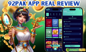 Screenshot of 92Pak app registration screen and game lobby interface, featuring a fantasy character holding golden symbols, surrounded by gold coins.