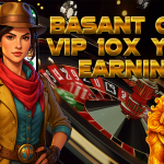A female explorer character in adventure attire holding a smartphone stands next to a vibrant casino roulette wheel. A golden lion statue and bold gold text read “BASANT CLUB VIP 10X YOUR EARNING.” The background features a mobile phone screen displaying the Basant Club platform.