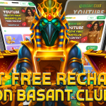 A vibrant promotional graphic featuring an Egyptian-themed character resembling the god Horus in golden armor, flanked by treasure chests overflowing with colorful gems and coins. In the background are mobile screens showing the BasantClub platform with a YouTube promotional banner. The bold, golden text in the foreground reads: "GET FREE RECHARGE ON BASANT CLUB."