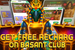 A vibrant promotional graphic featuring an Egyptian-themed character resembling the god Horus in golden armor, flanked by treasure chests overflowing with colorful gems and coins. In the background are mobile screens showing the BasantClub platform with a YouTube promotional banner. The bold, golden text in the foreground reads: "GET FREE RECHARGE ON BASANT CLUB."